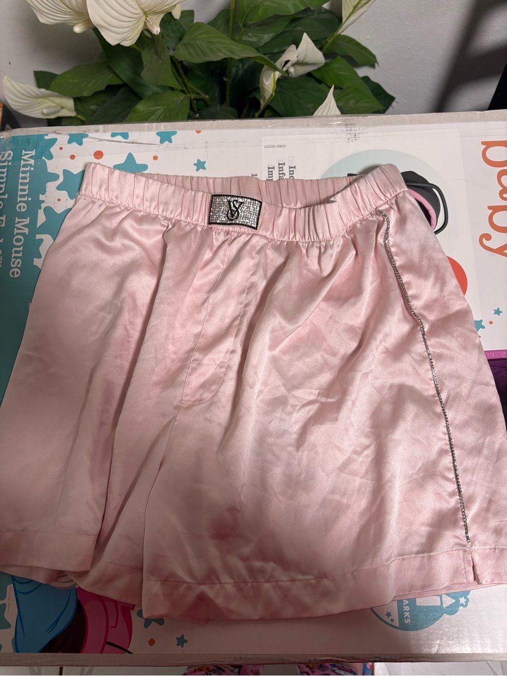 Victoria's Secret Pink Satin Lounge Shorts with Rhinestone Trim